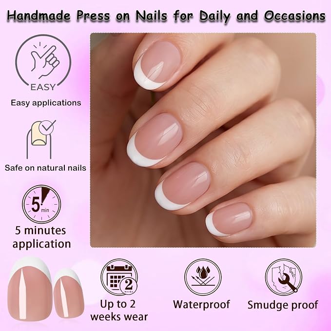 240pc White French Tip Press on Nails Short Oval Acrylic Nail, Coffee Press ons Fake Nails with Glue & Tabs, 12 Sizes Glue on Nails Short Press-on Nail Oval Artificial Stick on Nail for Women