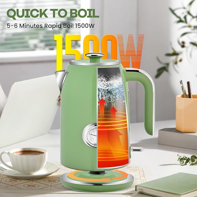 PUKOMC Electric Kettle, 1.7L Stainless Steel Electric tea kettle | Temperature Gauge, Fast Boiling, Auto Shut - off, BPA - Free, Boil - Dry Protection 1500W, LED Light, Easy clean