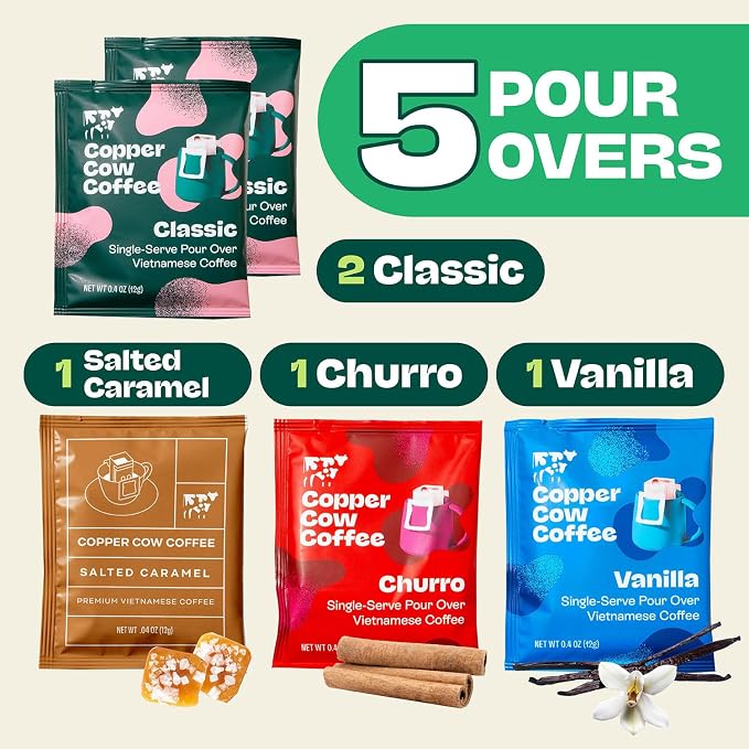 Copper Cow Coffee Vietnamese Pour Over Variety Pack, 5 Single-Serve Filters | Includes 2 Classic Black, 1 Churro, 1 Vanilla, 1 Salted Caramel; real cinnamon and vanilla beans, no artificial flavors