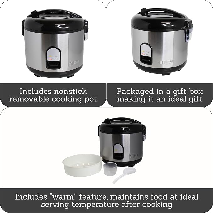 IMUSA 10 Cup Deluxe Stainless Steel Electric Rice Cooker with Steam Tray | Mirror-Polished Finish, Steam Tray Nonstick Pot, Ideal for Rice and Grains, Great for Large Family Dinners