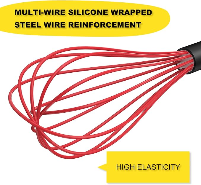 NileHome Silicone Whisk Set 8" 10" 12", 3 Pack Kitchen Whisk Kitchen Wisk Wire Whisks for Cooking, Whisking, Blending, Beating, Stirring-Red