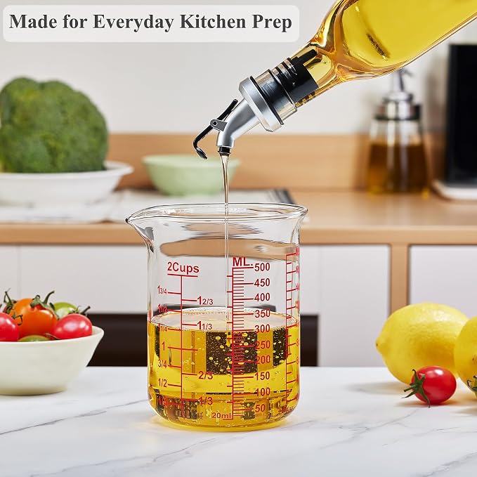 Ackers BORO3.3 High Borosilicate Glass Measuring Cup, Handleless Beaker with V-Shaped Spout, 500 ml (16 oz, 2 Cup)