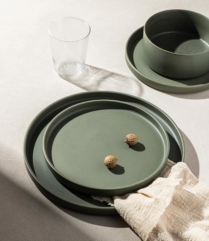 LERATIO Stoneware Dinnerware Sets for 4,12-Piece Matte Plates and Bowls Set | Handmade High Edge Rim Dish Set,Oven & Microwave,Dishwasher Safe,Scratch Resistant-Green