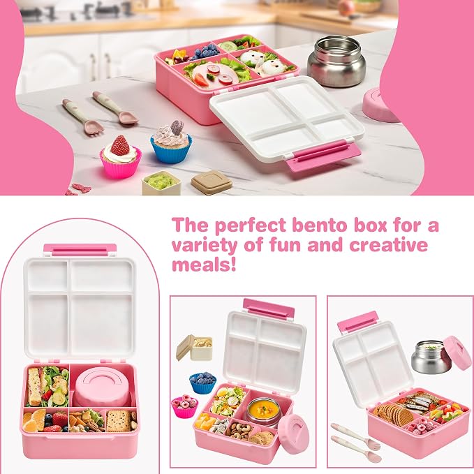 Bento Lunch Box with 9.5 oz Soup Thermo, Kids Leakproof 4 Compartments Bento Box with Silicone Cupcake,Fruit Fork,Spoon and Sauce Cup,Insulated Food Jar for School Travel-Rainbow Horse