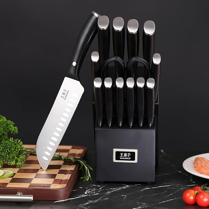 Professional Kitchen Knife Set, 15 Pcs Sharp Kitchen Knife Set with Built-In Knife Sharpener, Dishwasher Safe, German Stainless Steel Knife Block Set for Home Kitchen Gifts, Black