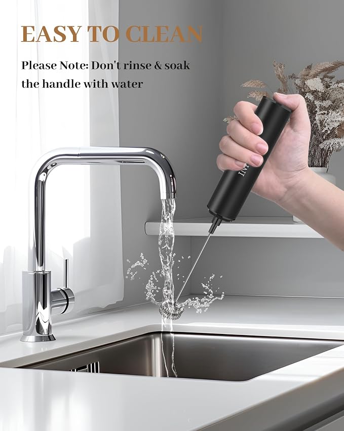 INFOOD Rechargeable Milk Frother with Cover, 2-Speed, 2 Whisks, Black | Stainless Steel Body and Whisks, 2 Detachable Heads, for Lattes, Cappuccinos, Hot Chocolate, and Egg
