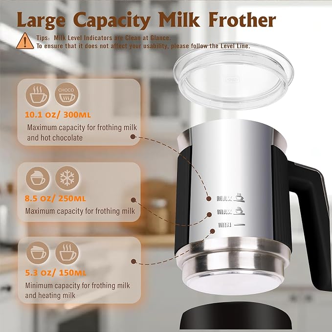 5-in-1 Electric Milk Frother, Automatic Milk Frother & Steamer for Hot & Cold Foam, Large Capacity Milk Warmer for Latte Cappuccino, Hot Chocolate Maker, Dishwasher Safe (Black)