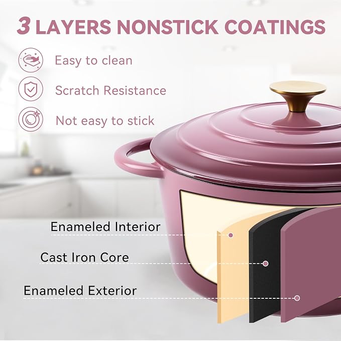 Miereirl 4.5 Quart Enameled Dutch Oven Pot with Lid, Cast Iron Dutch Oven with Dual Handles for Bread Baking, Cooking, Non-stick Enamel Coated Cookware, Rose