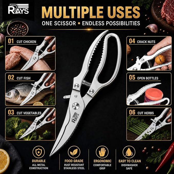 Heavy Duty Poultry Shears, Spring Loaded Kitchen Scissors for Chicken, Turkey, Meat & Fish, Stainless Steel Meat Scissors & Chicken Bone Cutter, Dishwasher Safe with Safety Lock & Gift Box