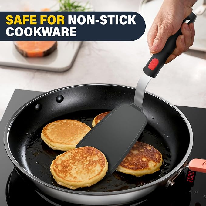 Silicone Spatula Set, Heat Resistant Solid & Slotted Turner for Non-Stick Pans, Silicone Cooking Utensils Set, BPA-Free, Flexible Spatula Turner for Flipping Eggs, Burgers, Pancakes, Black, 3 PCS-A