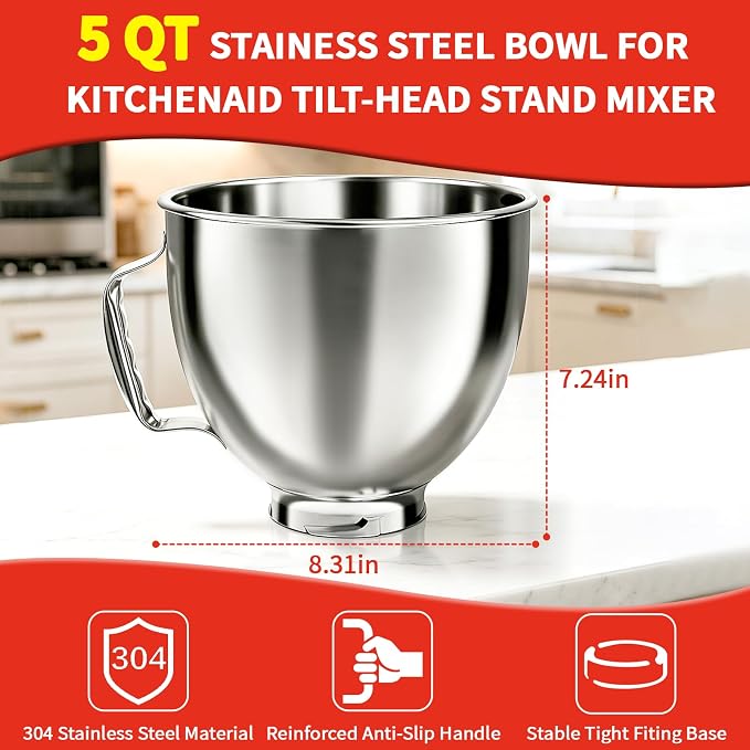 5QT Stainless Steel Mixer Bowl with Silicone Liners For Kitchenaid Mixers, Compatible with Kitchen Aid 4.5-5 Qt Tilt-Head Stand Mixer, Food-Grade Mixing Bowl Attachments for Baking, Cooking & Dough