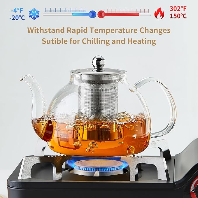 DOPUDO 40OZ (1200ML) Glass Teapot with Infuser Stovetop Safe, Clear Glass Tea Pot Kettle, Borosilicate Tea Pot with Infusers Filter for Loose Tea, Tea Kettle Dishwasher Safe.