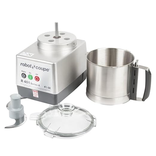 Robot Coupe R401B Commercial Food Processor, 1.5 HP, 4.5 Qt Stainless Bowl | Heavy-duty 1725 RPM single-speed chopper machine with smooth S-blade. 1119W, 120V power. Ideal for restaurant & caterer prep