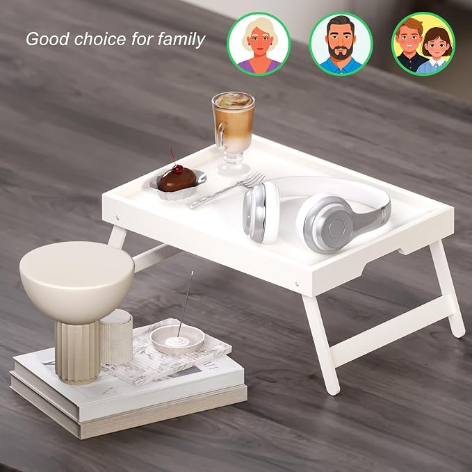 Fibogollo 4 Pack Bamboo Bed Tray Table with Folding Legs,Breakfast Trays,Serving Tray for Food and Snack,Laptop Trays for Working(White)
