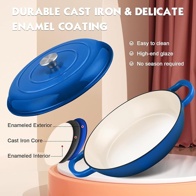 Overmont Enameled Cast Iron Dutch Oven - 3.8 QT Shallow Braiser with Recipe | Enameled Casserole with Lid Potholders, Oven Safe up to 500°F, Cast Iron Cookware for Grilling Searing Roasting Braising Bake