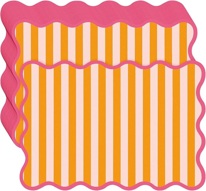 100 Pcs Italian Summer Party Decorations Orange Pink Stripe Scalloped Paper Placemats Disposable Place Mats for Summer Sunset Soiree Wedding Bridal Shower Party Home Table Kitchen Decor