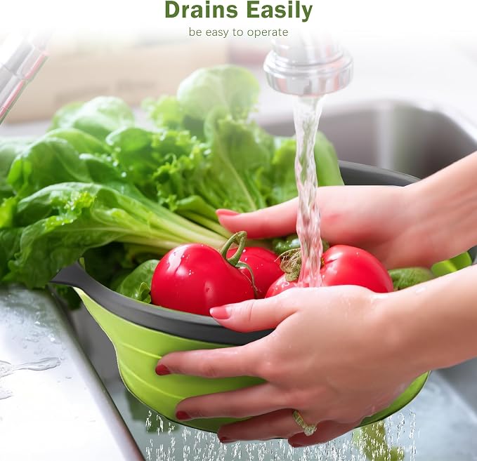 Collapsible Colander Set of 2, Space Saving Foldable Kitchen Strainer Baskets with Non-Slip Base, Thickened PP+TPE Collapsible Strainers for Pasta, Vegetables, Fruits, Rice (Green)