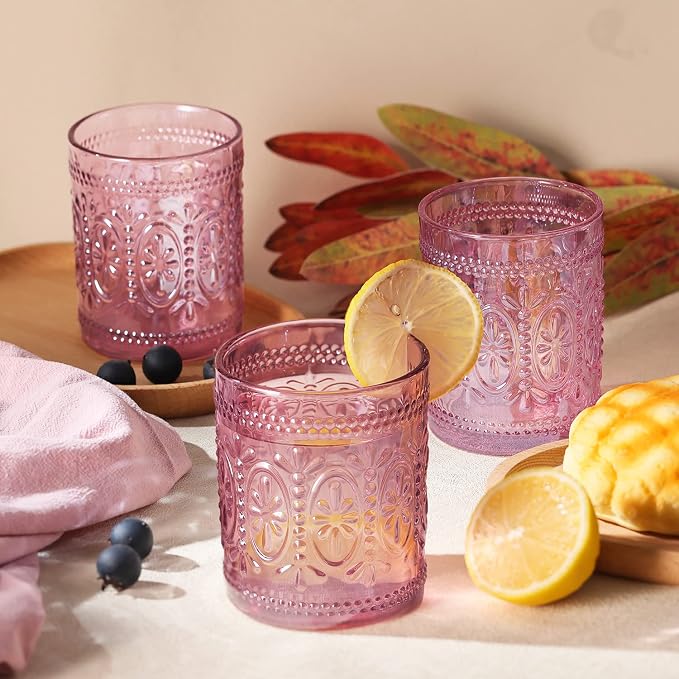Darlion Vintage Glassware, Pink Drinking Glasses, 10oz Pink Glass Cups | Food Grade Glass, Lead-Free Glass, Durable&Sturdy, Vintage Decoration