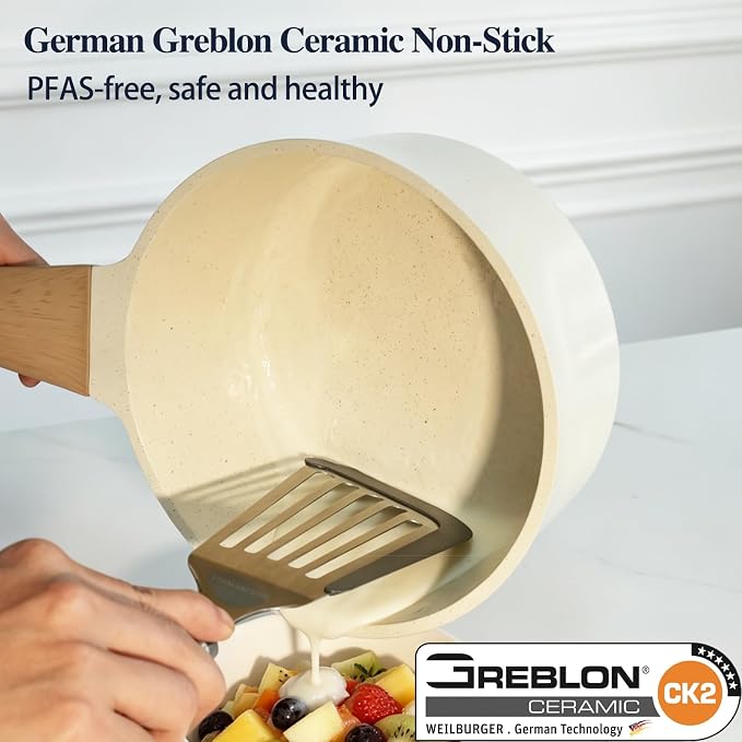 Nonstick Ceramic Saucepan with Lid 3.5QT | German Greblon Ceramic Nonstick Coating, Non Toxic Sauce Pot, PTFE, PFOA & PFAS Free, Induction Compatible.