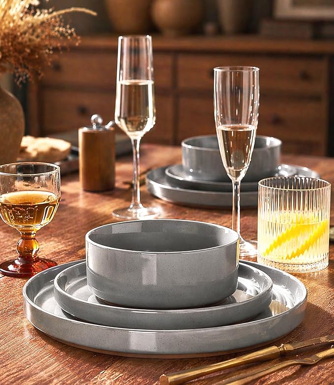 AmorArc Stoneware Dinnerware Sets for 4,12Pcs Plates and Bowls Set | Handmade Ceramic Dish Set,Dishwasher & Microwave Safe,Scratch Resistant-Gray