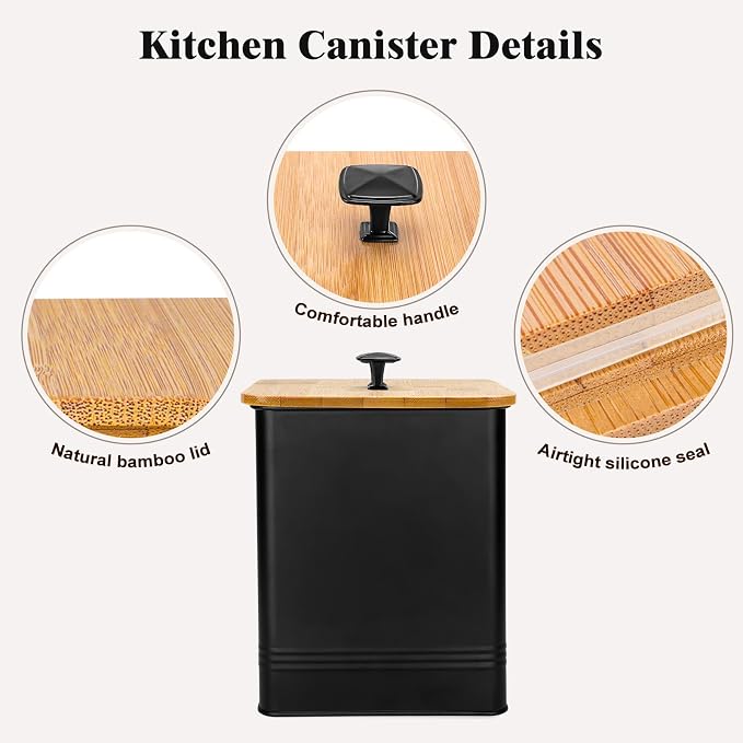 Kitchen Canisters Set of 3, Metal Flour Sugar Storage Containers with Airtight Lids-Canisters Sets for Kitchen with Customizable Chalkboard Labels & Marker Pen-Spice, Coffee Storage Jars(Black)