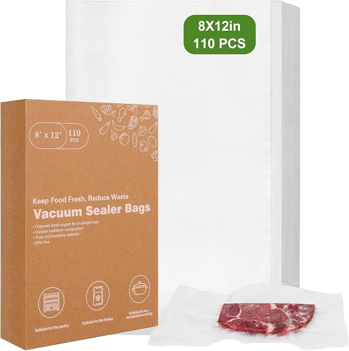 Vacuum Sealer Bags for Food Storage, 8" x 12" Vacuum Seal Bags, 110 Count | 3Mil Embossed BPA-Free Puncture-Resistant Bags, Universal Fit for Sous Vide, Meal Prep, Freezer Storage & Food Preservation