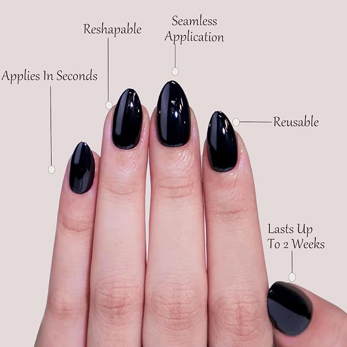 Black Press On Nail Short Almond,Fit Perfectly,Natural Reusable | UV Finish, Artificial Nails , 2+Weeks Wear, Salon Quality Nails, 12 Sizes, 24-Piece, with Glue