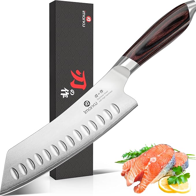 imarku Japanese Santoku Knife 7 Inch, 10Cr15CoMoV 3-Layer Stainless Steel | Ultra-sharp hollow-edge kitchen chef knife 59±2 HRC, lasting sharpness & rust resistant, ergonomic Pakkawood grip, gift-ready