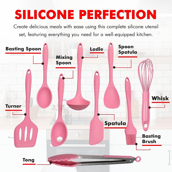 Chef Craft - Premium Silicone Kitchen Tools and Utensils Set, Non-Scratch, Withstands Temperatures up to 450°F, BPA-Free, 9 Piece Cooking Utensils Set, Pink