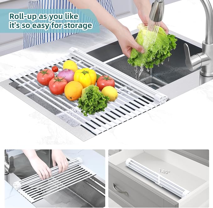 Ohuhu Over Sink Dish Drying Rack, 17.6" W x 15.4" L Roll Up Dish Racks Kitchen Sink Organizer Silicone Wrapped Large in Sink Dish Drying Rack Foldable Rolling Drain Mats Anti-Slip
