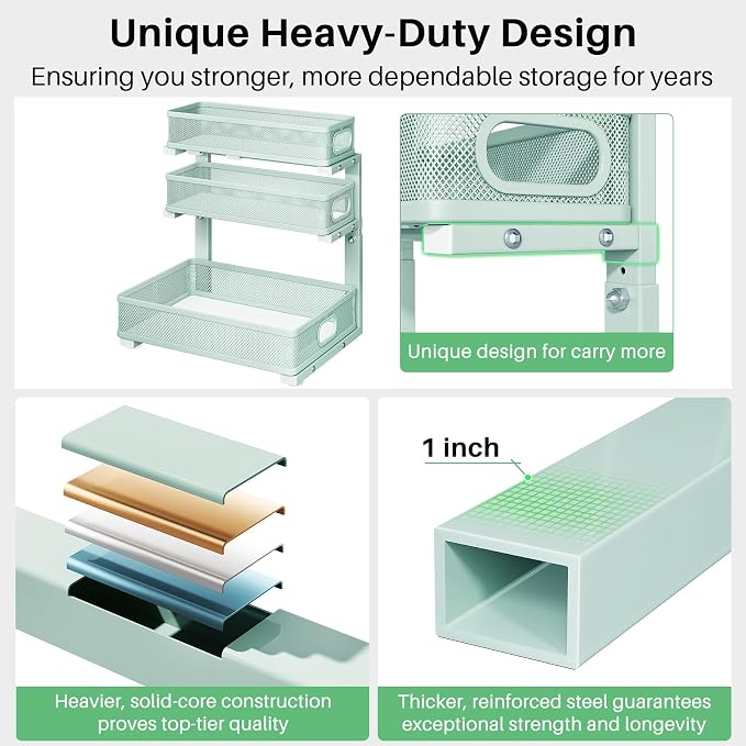 Under Sink Organizer, 1-Pack 3-Tier Height Adjustable Thickened Metal Pull out Cabinet Organizer Shelf, Slide out Storage Drawer Rack for Bathroom Kitchen Pantry Home Organization, LightBlue