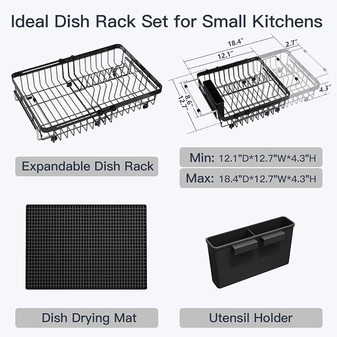 Dish Drying Rack Over The Sink with Utensil Holder, Mat | Expandable Stainless Steel Dish Drainer for Small Kitchen, Apartment, RV, Counter Space Saving, Perfect Fit, Rustproof