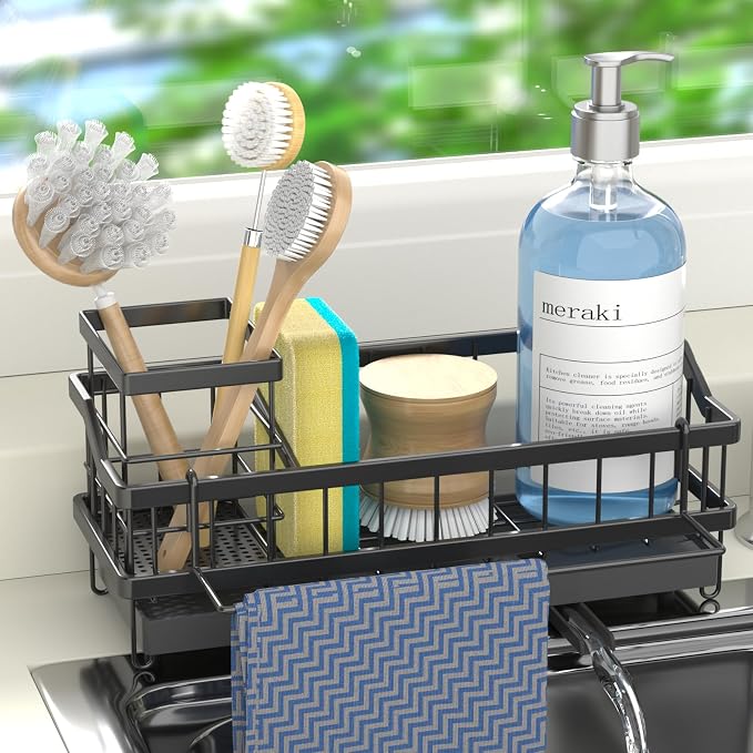 Sponge Holder for Kitchen Sink - Countertop Rustproof Stainless Steel, Sink Caddy, Kitchen Gadgets Accessories (Black)