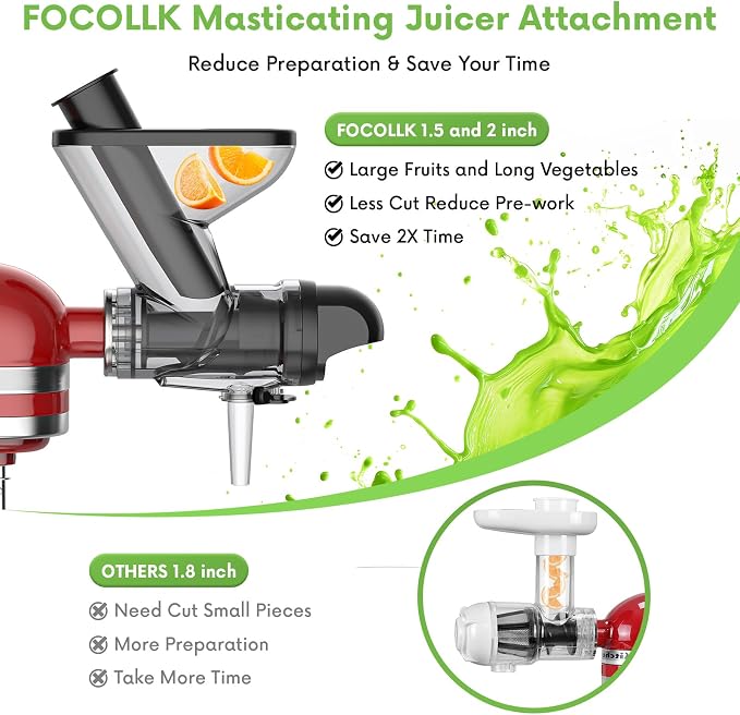 FOCOLLK Masticating Juicer Attachment for KitchenAid Stand Mixer | Cold Press Juicer with Dual Feed Chute, High Yield Slow Juicer Attachment for Fruits & Vegetables