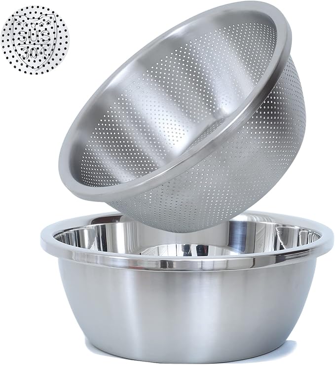 Paoli 304 Stainless Steel Fine Mesh Colander Set, 4.5QT Large Capacity Strainer with Mixing Bowl — Rinse Fruits, Veggies, Rice & Drain Pasta, Dishwasher Safe (2-Piece)