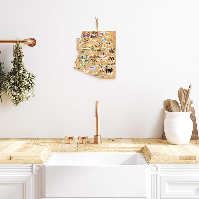 Totally Bamboo Arizona State Shaped Cutting Board, Art by Fish Kiss | State charcuterie board with colorful hand-drawn map artwork. Smooth reverse side for food prep. Hang tie for wall display.