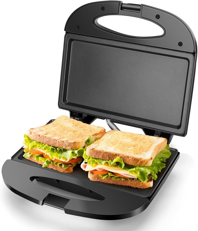 Aigostar Sandwich Maker Flat with Non-stick Deep Grill Surface, Black | 750W, Cool-Touch Handle, Overheat Protection, Compact Electric Grill for Egg, Ham, Steak, Tostadora de Pan, ETL Certificated