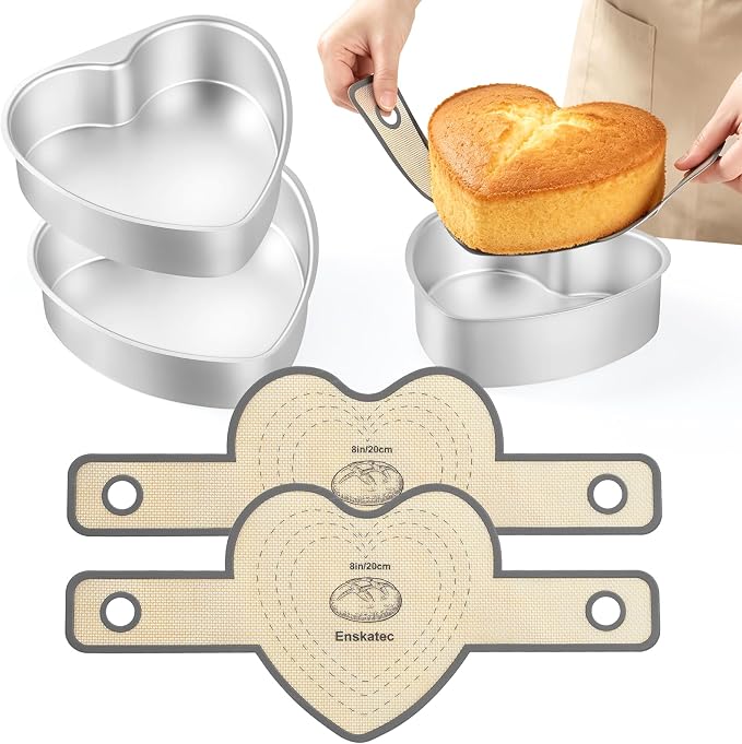 8 Inch Heart Shaped Cake Pan Set with Reusable Silicone Baking Mat（2 Pack） | Aluminum Heart Cake Mold with Silicone Sling, Nonstick, Heat Resistant, Easy to Clean & Release, for Kitchen Birthday Wedding