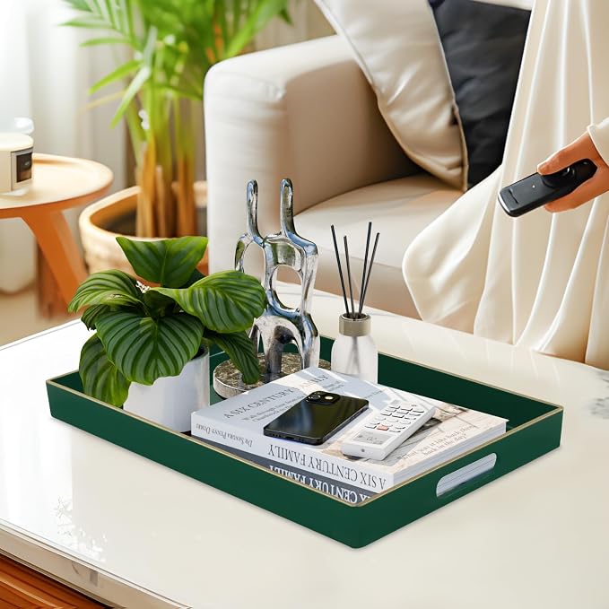 Dark Green Decorative Tray for Ottoman, Serving Tray with Handles | Plastic Coffee Table Tray, Modern Melamine Tray, Rectangle Countertop Organizer Tray for Living Room, 15.8"L x 10.2"W x 1.4"H