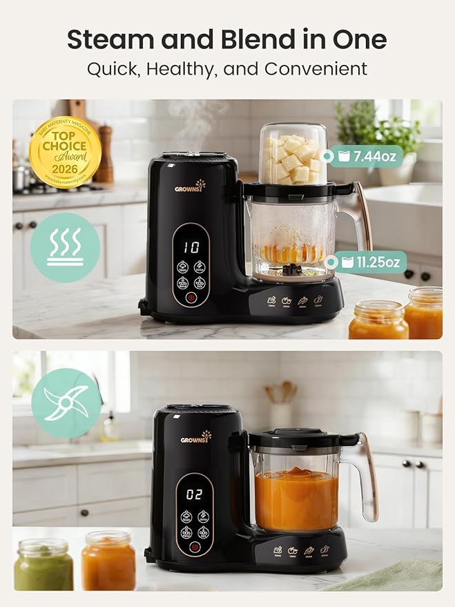 Grownsy Baby Food Maker & Processor with Dual-Layer Steam Basket,Black&Gold | Steamer & Blender, Healthy Homemade Baby Food Purees, Starting Solids & BLW, Baby Feeding Essentials, 6+ Months