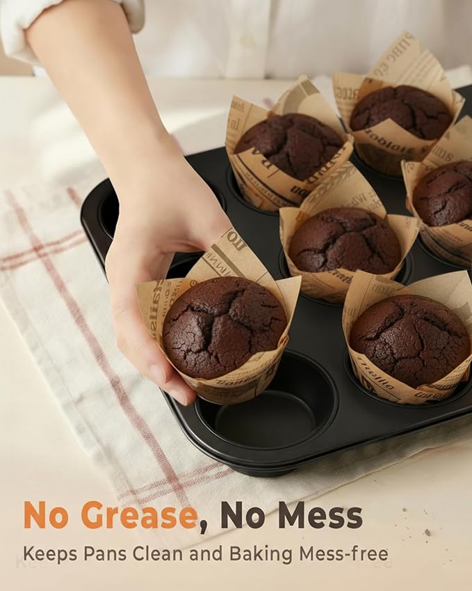 Bake Choice 200pc Standard Tulip Cupcake Liners for Baking, Newspaper Print | Tulip Muffin Liners, Non Stick, Grease Resistant Cupcake Wrappers for Party, Christmas