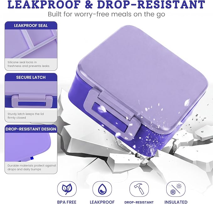 MAISON HUIS Bento Lunch Box with 8oz Soup Thermo, 5-Compartment Leak-Proof Container, Thermo Hot Food Jar and Insulated Lunch Bag, BPA Free,Travel, School (Purple)