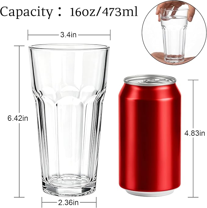 Mapoxy 16oz Highball Glasses Set of 6, Thick Lead-Free Glass Tumblers | Clear Drinking Glasses with Heavy Base for Water, Juice, Beer, Cocktails, Dishwasher Safe Bar Glassware, Ideal Gifts