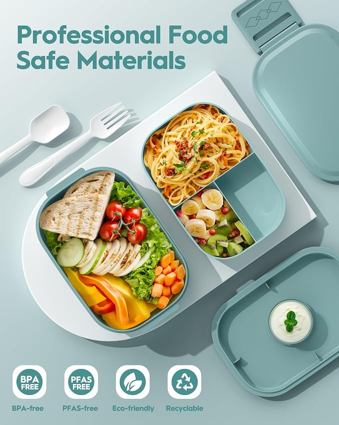 BiuLeon Bento Box Adult Lunch Box, 65 Oz Capacity Lunch Containers(Adjustable 2/3 Tier), BPA-Free, Leak-Proof and Stackable Bento Lunch Box, Microwave & Dishwasher Safe with Utensils(Green)