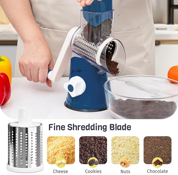 Cheese Grater Hand Crank, Rotary Cheese Shredder with 3 Interchangeable Blades for Coarse, Fine Shredding and Slicing, Strong Suction Base for Pizza, Pasta, Salad, Vegetables, Nuts, Chocolate