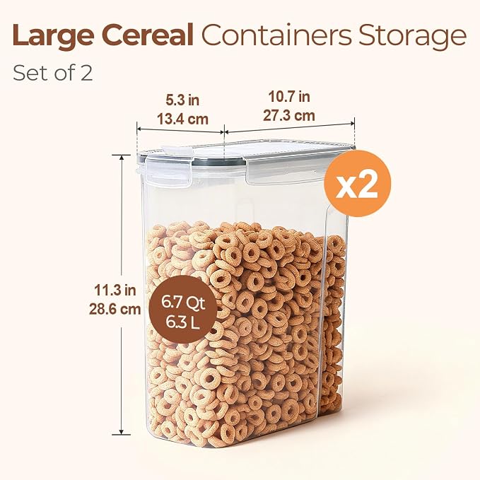 ComSaf Airtight Cereal Storage Containers with Lids 6.7Qt 2Pack, Easy Pour | Plastic Food Canister, Cereal Rice Oats Beans, Pantry Kitchen Cabinet, Dispenser with Label, Spout, Large Capacity, BPA-free