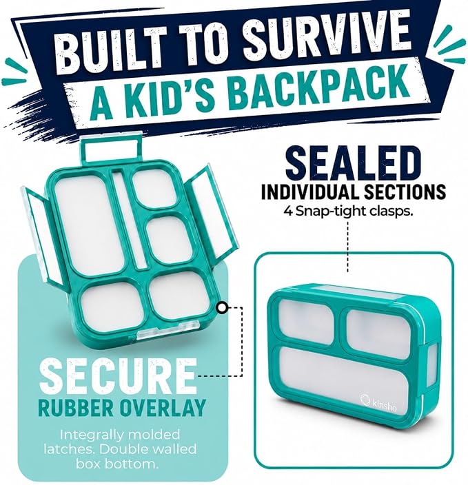 Bento Lunch-Box Set for Kids includes Snack Container | 6 and 3 Compartment Boxes Leakproof School Bentos or Meal Portion Control Containers BPA Free, Boys Girls Adults, Teal Large + MINI 2 pack