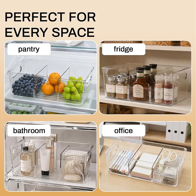 Mpotmiy 8-Pack Pantry Organizers and Storage, Clear Fridge Organizer Bins | Clear stackable plastic bins with removable dividers for packets, snacks, pouches and spices in pantry, fridge or freezer.