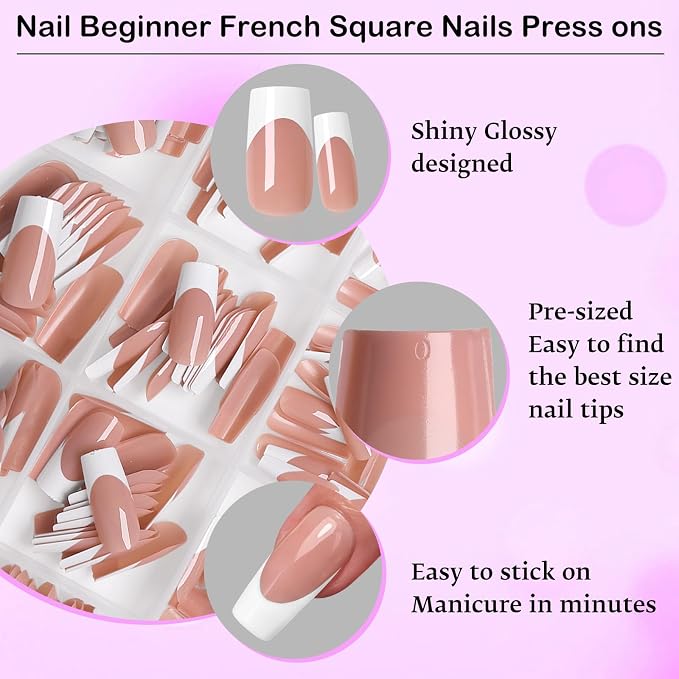 240pc White French Tip Press on Nails Medium Square Acrylic Nail, Coffee Press ons Fake Nails with Glue & Tabs, 12 Sizes Glue on Nails Medium Press-on Nail Square Stick on Nail for Women Girls