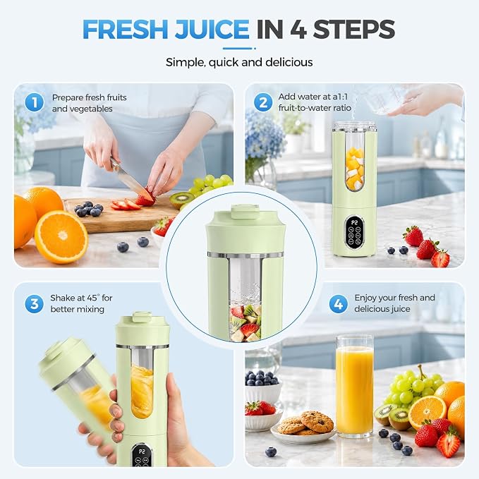 Beyn 530mL Portable Blender, Personal Smoothie Maker, USB-C Cordless, 12 Stainless Steel Blades, Leakproof Travel Cup, Digital One-Touch Self-Clean for Gym Home Office, Green